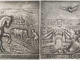 a picture of a silver coin with a picture of a man on a horse and a man on a horse
