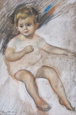 tableau représentant un bébé en robe blanche assis sur un lit
