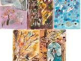 six cartes représentant différents motifs d'arbres et d'oiseaux