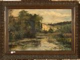 an oil painting of a river with trees and hills in the background