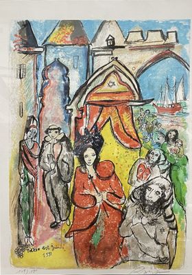 an image of a painting of a group of people standing in front of a building