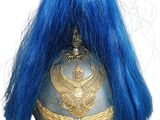 helmet with a blue wig and a golden eagle on it