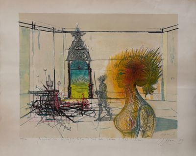 dessin représentant un vase contenant un tournesol, avec une horloge en arrière-plan