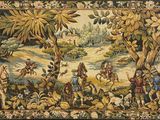 une image représentant une tapisserie où l'on voit des personnages et des animaux dans une forêt