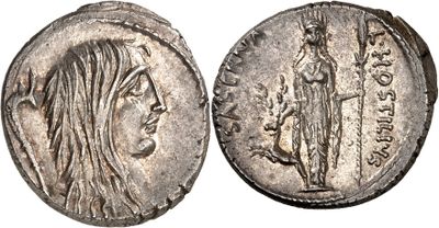 a silver coin with a woman and a man on it