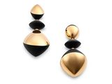 a pair of black and gold earrings on a white background