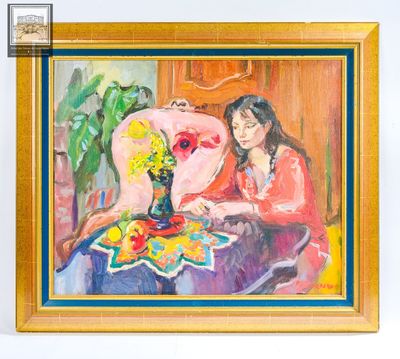 un tableau représentant une femme assise à une table, avec des fleurs dans un vase