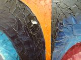 a close up of a painting of a colorful bird