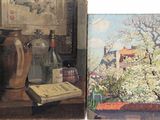 deux tableaux représentant un vase et un livre posés sur une table