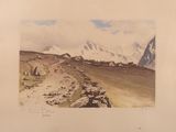 an image of a painting of a dirt road with a mountain in the background