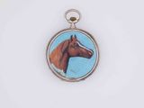 painting of a brown horse in a blue circle on a white background