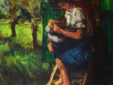 une peinture à l'huile représentant une femme assise sur une échelle dans un champ