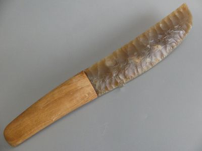 a knife that is sitting on a plate on a table