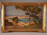 an oil painting of a landscape with a tree and a body of water