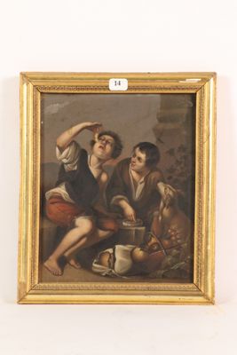 painting of two men and a woman sitting on a table in a room