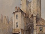 a painting of a street scene with a castle in the background