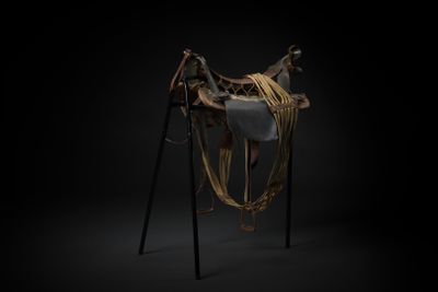 a black and white photo of a horse ' s saddle on a black background