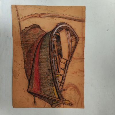 painting of a man sitting in a chair with a ladder in front of him
