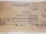 une image représentant un dessin d'un bâtiment et de bateaux sur l'eau