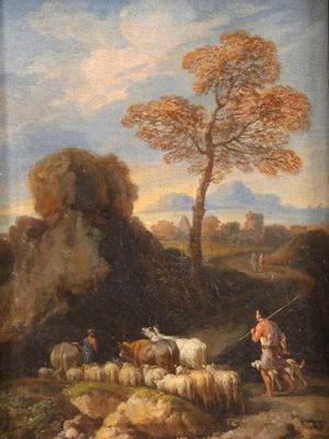 une image représentant un tableau d'un homme avec un cheval et un troupeau de moutons
