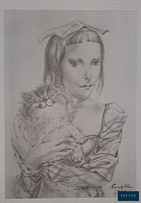 drawing of a woman holding a cat in her arms