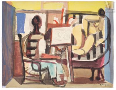 une peinture représentant une femme assise sur une chaise devant une planche à dessin