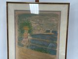 tableau représentant une femme assise sur un banc au bord de l'eau