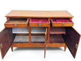 a wooden desk with two drawers and a drawer underneath it