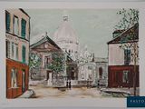 painting of a street scene with buildings and a dome in the background