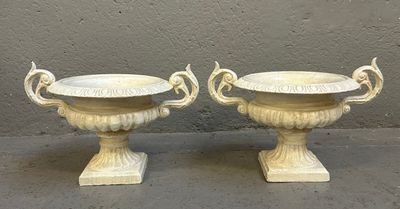paire d'urnes anciennes en fonte sur socles, munies d'anses
