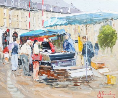 un tableau représentant des personnes sur un marché en plein air, avec des parapluies