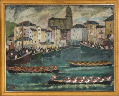 une peinture à l'huile représentant des bateaux dans un port avec des bâtiments à l'arrière-plan