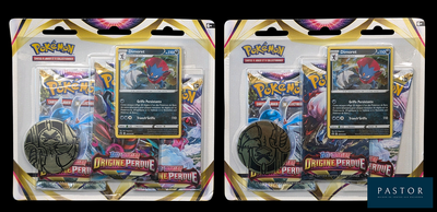 two packs of pokemon trading cards on display in a store