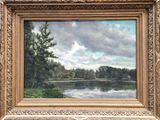 an oil painting of a lake with trees and clouds in the background