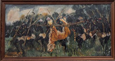 tableau représentant un groupe d'hommes à cheval avec un tigre au premier plan