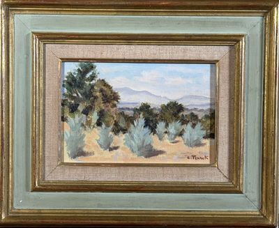 an oil painting of a desert scene with trees and mountains in the background