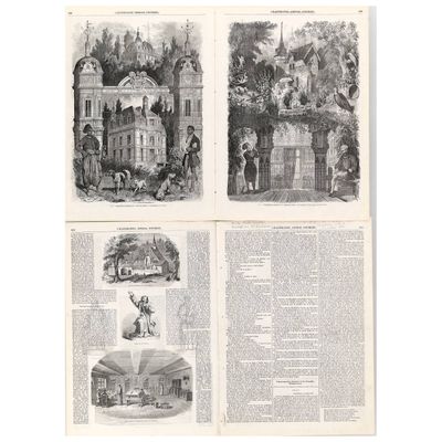 trois pages tirées d'un livre contenant des illustrations de bâtiments et de personnes