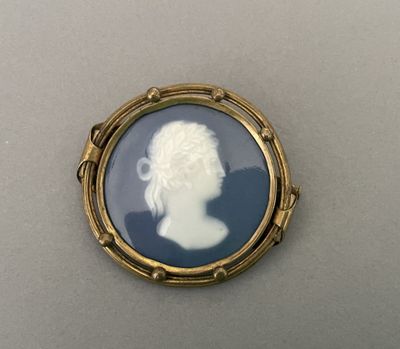 an image of a picture of a woman ' s profile in a blue and gold broochle