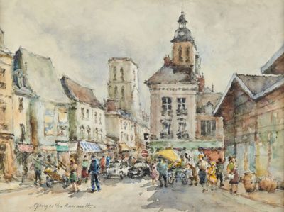 un tableau représentant une scène de rue avec des personnages et des bâtiments