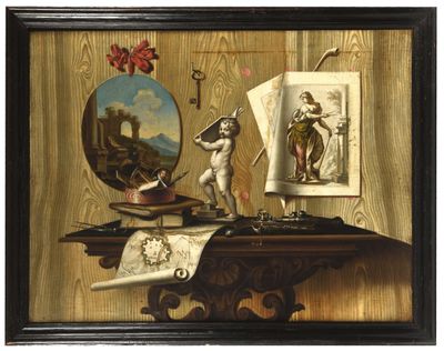 an image of a painting on a table with a clock and other items