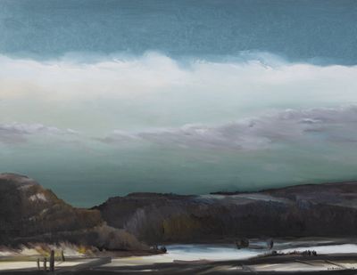a painting of people walking on the beach by the water