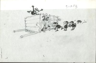 cartoon drawing of a man on a train with a bunch of animals