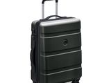 a black suitcase with wheels on a white background