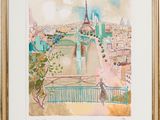 aquarelle encadrée représentant une vue de la ville depuis un balcon
