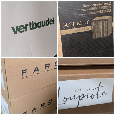 quatre vues différentes d'une boîte portant un logo et d'une boîte portant un logo