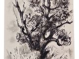 a black and white drawing of a tree in a field