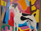 un tableau représentant un chien debout devant un tableau