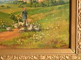 a painting of a man and geese in a field