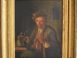 un vieux tableau représentant un homme tenant une théière, dans un cadre doré