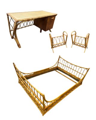 Mobilier de chambre en rotin comprenant : - 1 Lit - 1 Bureau…